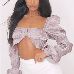 SATIN PLEATED BARDOT CROPPED BLOUSE